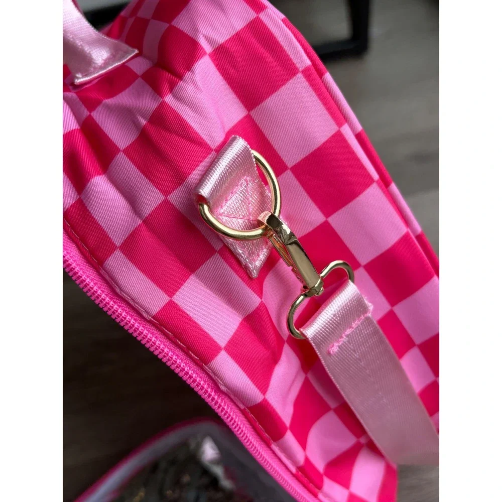 Pink Checkered Insulated Lunch Bag Chenille Patch Adjustable Strap